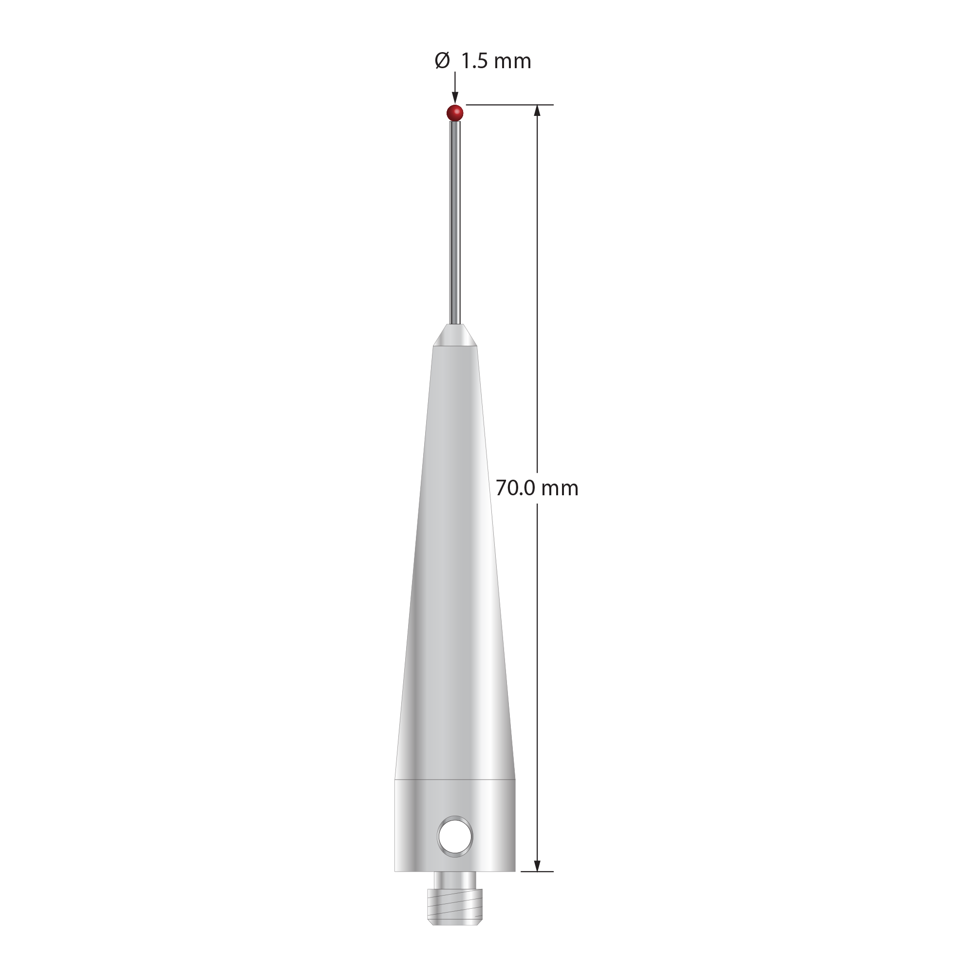 ACR-1570 M5 stylus with 1.5mm ruby ball, carbide stem, and stainless steel base, 70mm long by Q-Mark Manufacturing, Inc.