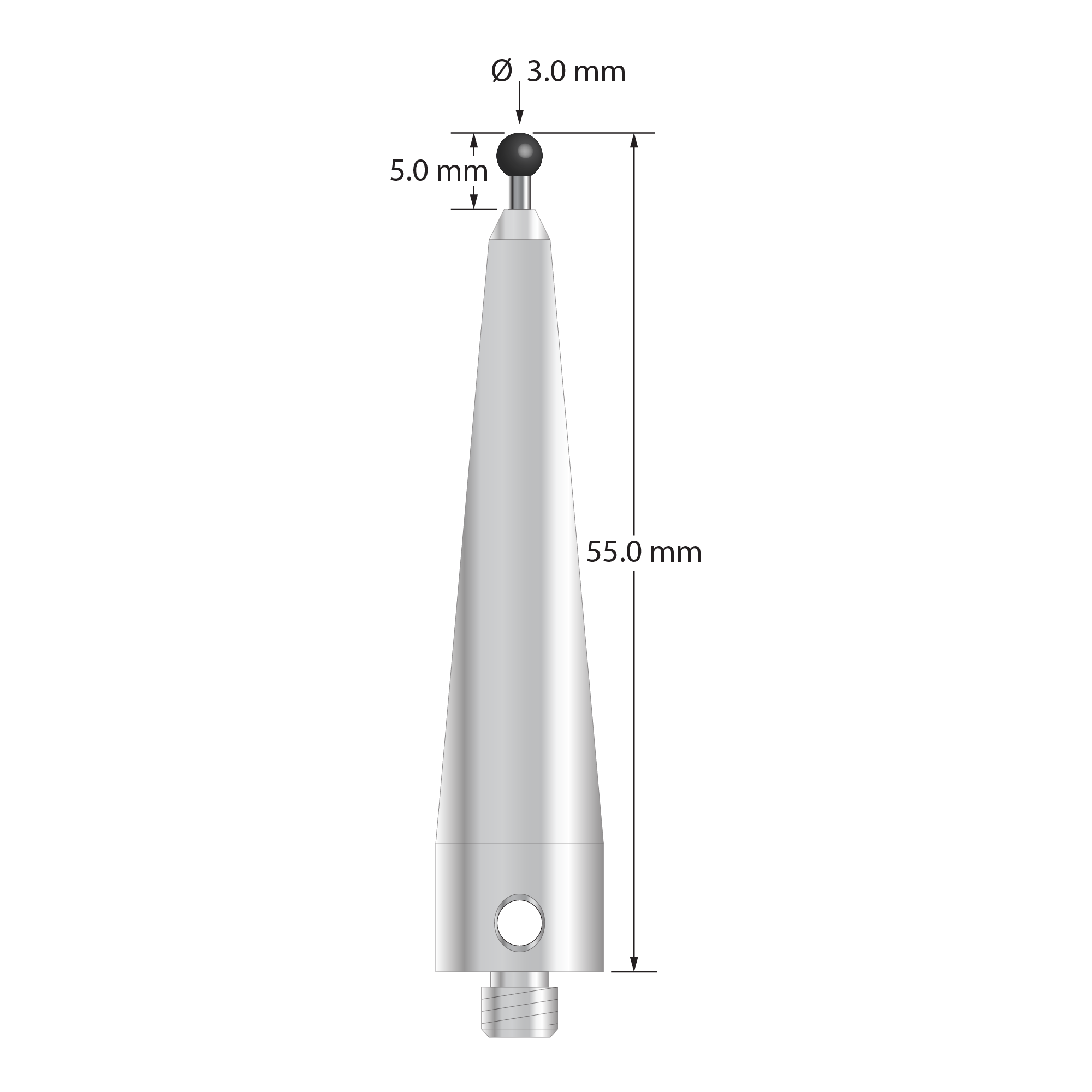 ACR-3055-SN M5 stylus with 3.0mm silicon nitride ball and tapered stainless steel base, 55.0mm long by Q-Mark Manufacturing, Inc.