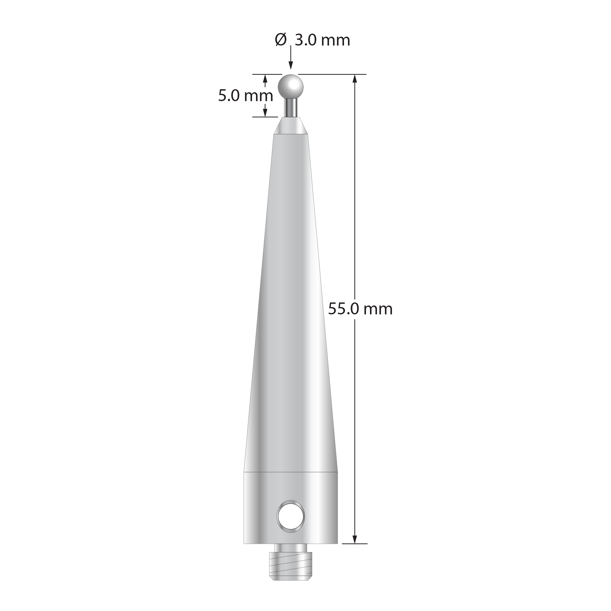 ACR-3055-Z M5 3.0mm zirconia ball stylus with carbide stem and tapered stainless steel base, 55.0mm long by Q-Mark Manufacturing, Inc.