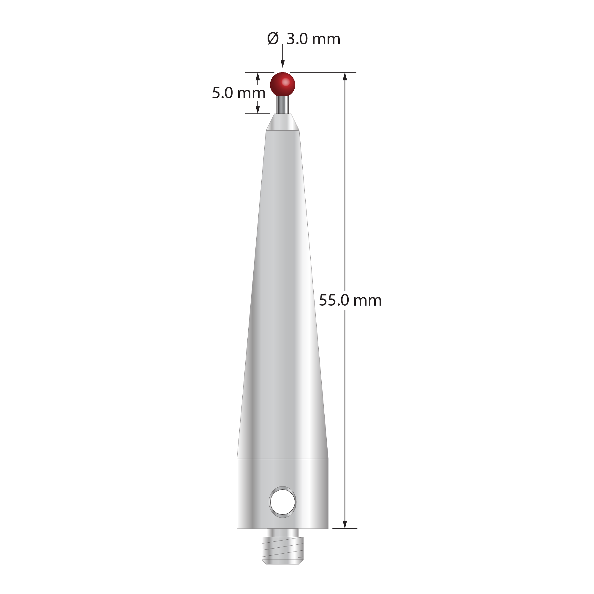 ACR-3055 M5 stylus with 3.0mm ruby ball, carbide stem, and stainless steel base, 55.0mm long by Q-Mark Manufacturing, Inc.