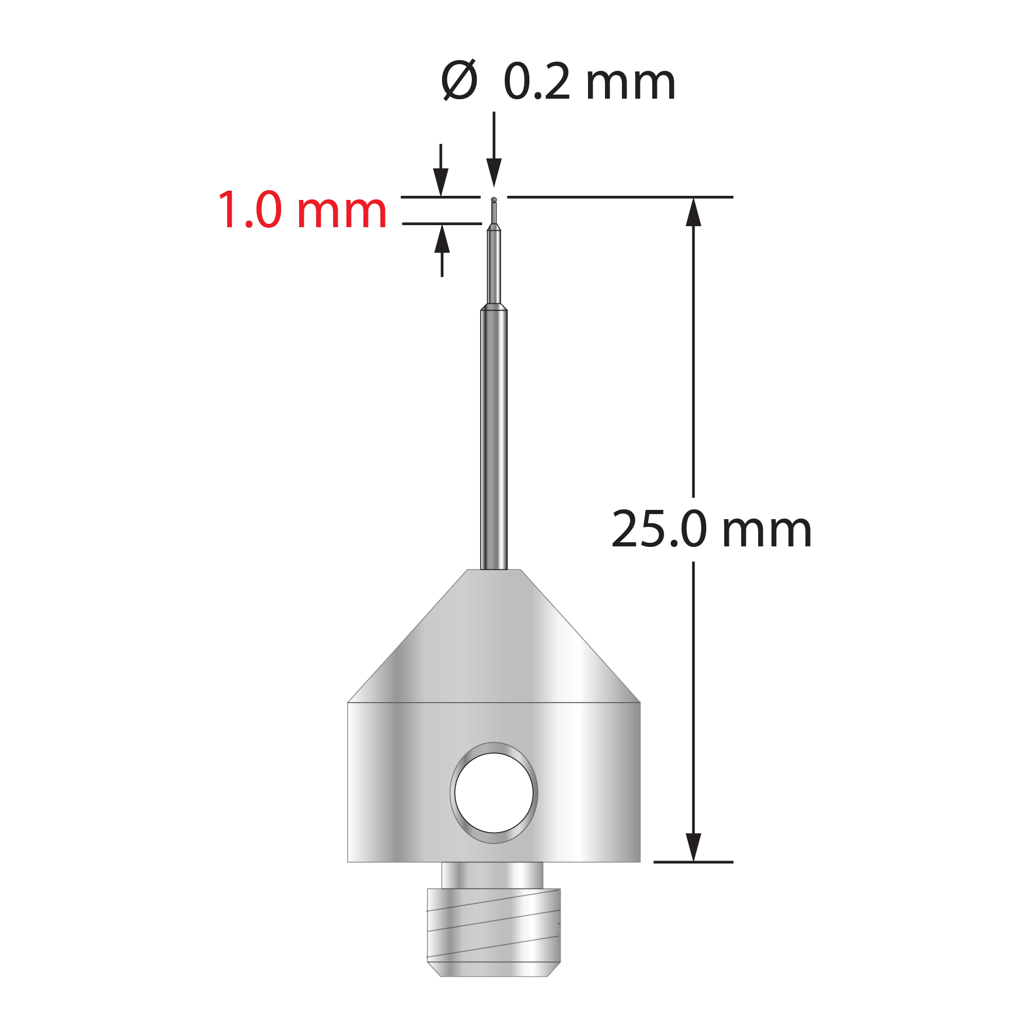 AFG-0225-T-C M5 stylus with 0.2mm carbide ball, carbide stem, and titanium base, 25mm long.