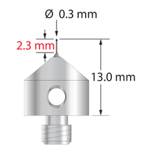 M5 stylus with 0.3 mm silicon nitride ball, tapered carbide stem, and 11.0 mm diameter x 10.0 mm long stainless steel base. Minor stem diameter is 0.2 mm; major diameter is 1.0 mm. Overall stylus length is 13.0 mm. Stylus weight is 5.53 grams. Compare to Zeiss 626105-5245-013.