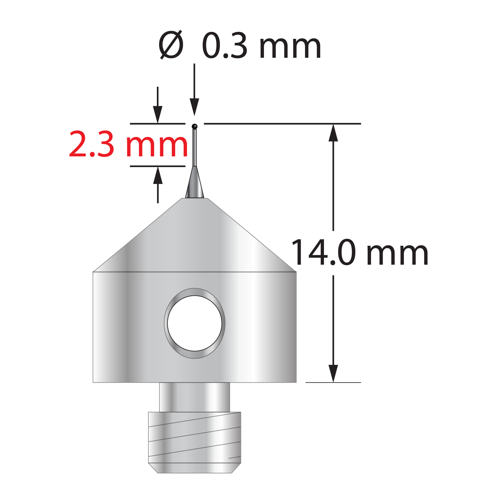 AFG-0314-SN M5 stylus with 0.3mm silicon nitride ball, tapered carbide stem, and stainless steel base by Q-Mark Manufacturing, Inc.