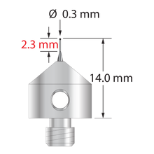 M5 stylus with 0.3 mm silicon nitride ball, tapered carbide stem, and 11.0 mm diameter x 10.0 mm long stainless steel base. Minor stem diameter is 0.2 mm; major diameter is 1.0 mm. Overall stylus length is 18.0 mm. Stylus weight is 5.54 grams. Compare to Zeiss 626105-5245-014.
