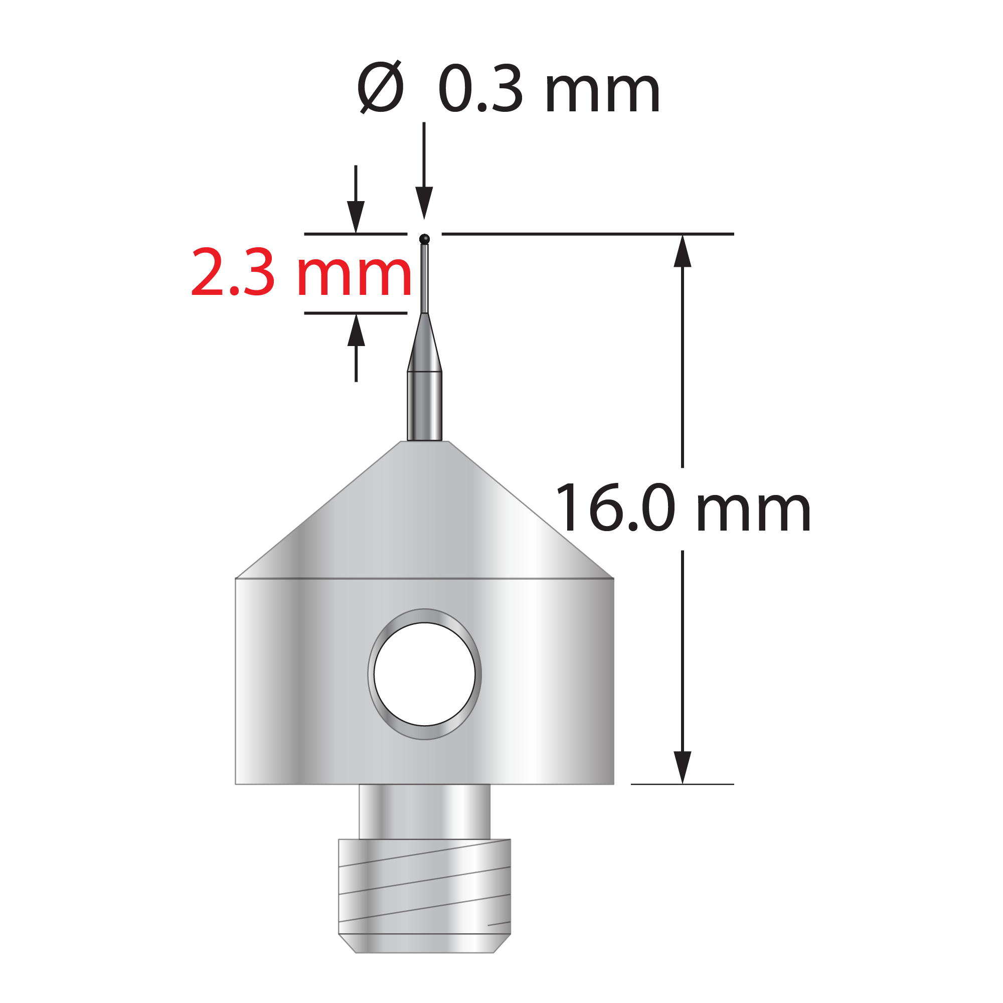 AFG-0316-SN M5 stylus with 0.3mm silicon nitride ball, tapered carbide stem, and stainless steel base by Q-Mark Manufacturing, Inc.