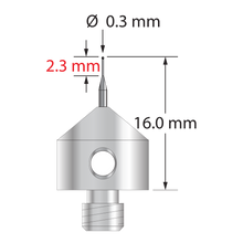 M5 stylus with 0.3 mm silicon nitride ball, tapered carbide stem, and 11.0 mm diameter x 10.0 mm long stainless steel base. Minor stem diameter is 0.2 mm; major diameter is 1.0 mm. Overall stylus length is 16.0 mm. Stylus weight is 5.55 grams. Compare to Zeiss 626105-5245-016.