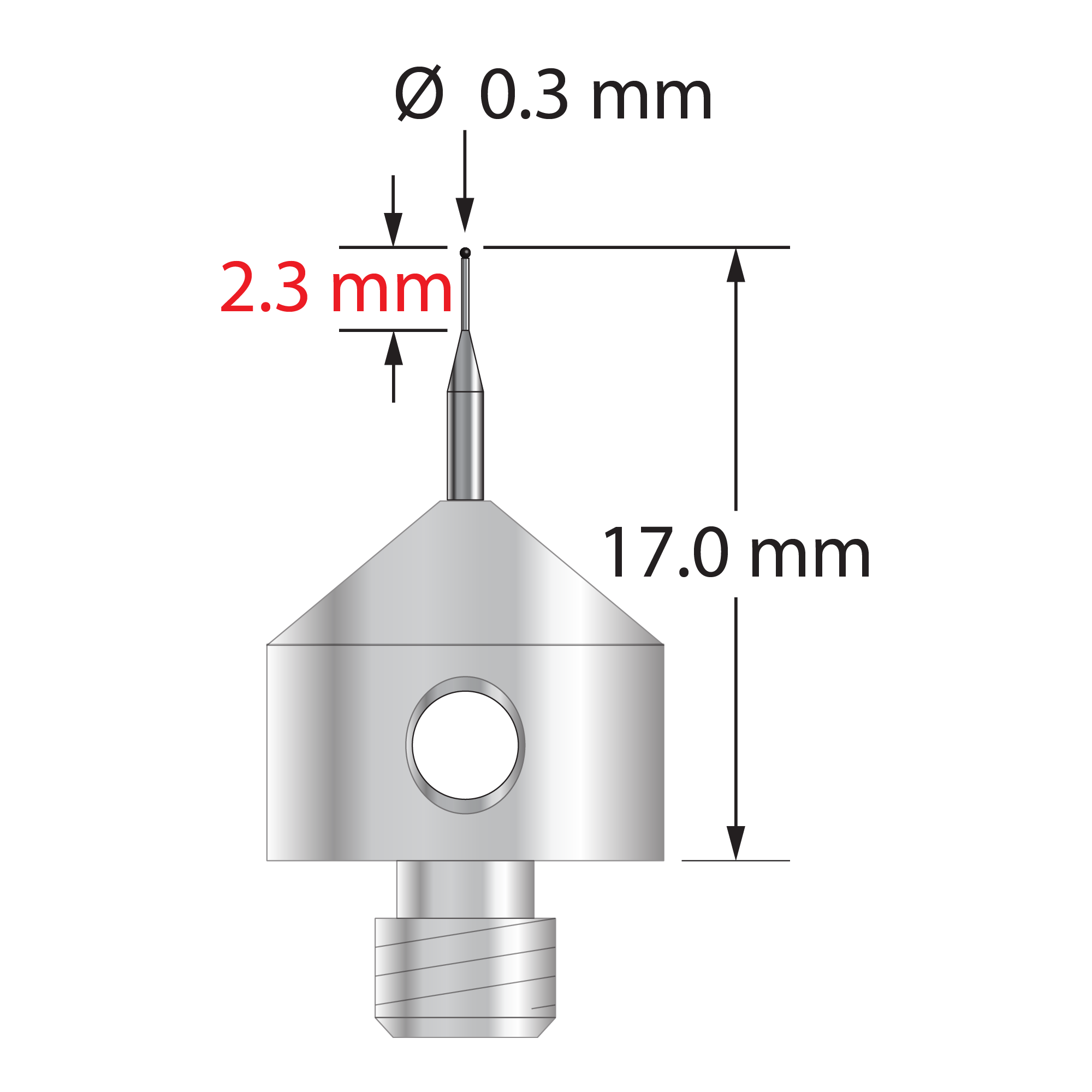 AFG-0317-SN M5 stylus with 0.3mm silicon nitride ball, tapered carbide stem, and stainless steel base by Q-Mark Manufacturing, Inc.
