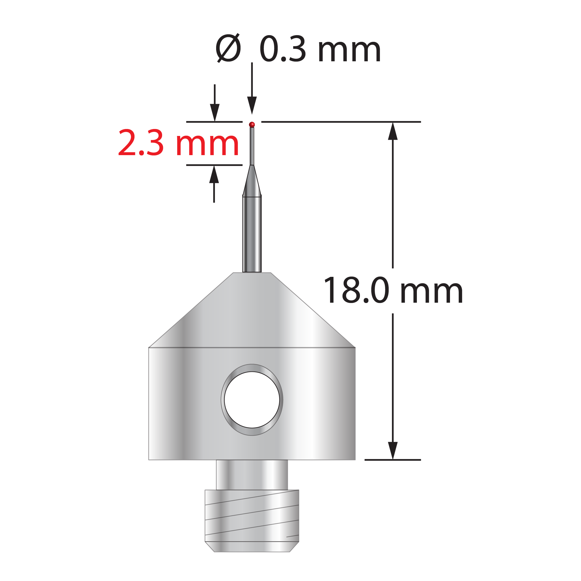 M5 stylus with 0.3 mm ruby ball, tapered carbide stem, and 11.0 mm diameter x 10.0 mm long stainless steel base. Minor stem diameter is 0.2 mm; major stem diameter is 1.0 mm. Overall stylus length is 18.0 mm. Stylus weight is 5.58 grams.