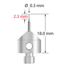 M5 stylus with 0.3 mm ruby ball, tapered carbide stem, and 11.0 mm diameter x 10.0 mm long stainless steel base. Minor stem diameter is 0.2 mm; major stem diameter is 1.0 mm. Overall stylus length is 18.0 mm. Stylus weight is 5.58 grams.