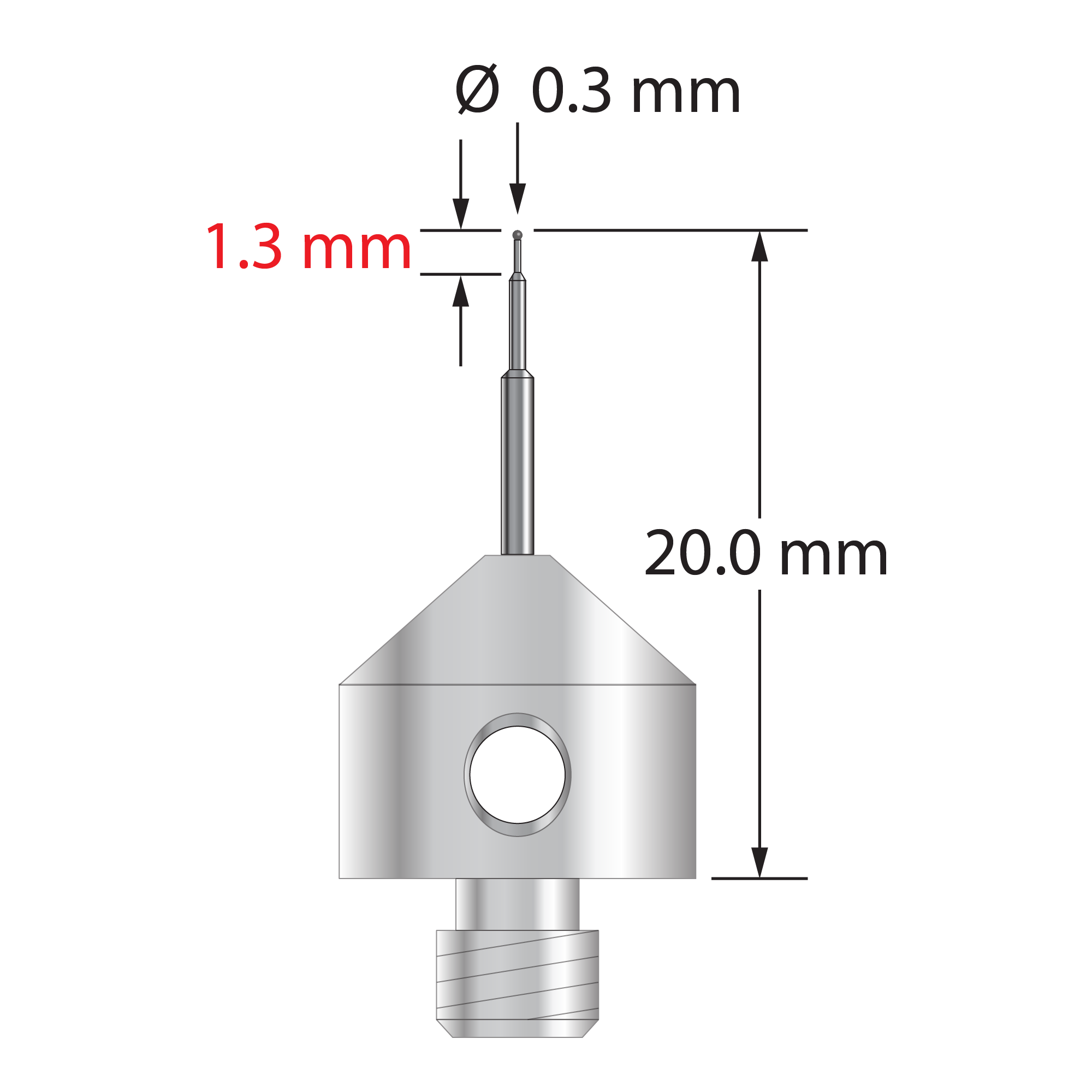 M5 stylus with 0.3 mm diameter carbide ball, stepped carbide stem, and 11.0 mm diameter x 10.0 long stainless steel base. Minor stem diameter is 0.2 mm, intermediate diameter is 0.5 mm, and major diameter is 1.0 mm. Overall stylus length is 20.0 mm. Stylus weight is 5.60 grams.