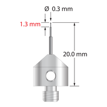 M5 stylus with 0.3 mm diameter carbide ball, stepped carbide stem, and 11.0 mm diameter x 10.0 long stainless steel base. Minor stem diameter is 0.2 mm, intermediate diameter is 0.5 mm, and major diameter is 1.0 mm. Overall stylus length is 20.0 mm. Stylus weight is 5.60 grams.