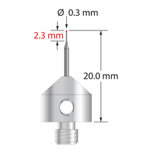 M5 stylus with 0.3 mm ruby ball, tapered carbide stem, and 11.0 mm diameter x 10.0 mm long stainless steel base. Minor stem diameter is 0.2 mm; major diameter is 1.0 mm. Overall stylus length is 20.0 mm. Stylus weight is 5.65 grams. Compare to Renishaw A-5003-5201.