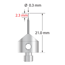 M5 stylus with 0.3 mm silicon nitride ball, tapered carbide stem, and 11.0 mm diameter x 10.0 mm long stainless steel base. Minor stem diameter is 0.2 mm; major diameter is 1.0 mm. Overall stylus length is 21.0 mm. Stylus weight is 5.60 grams. Compare to Zeiss 626105-5245-021.