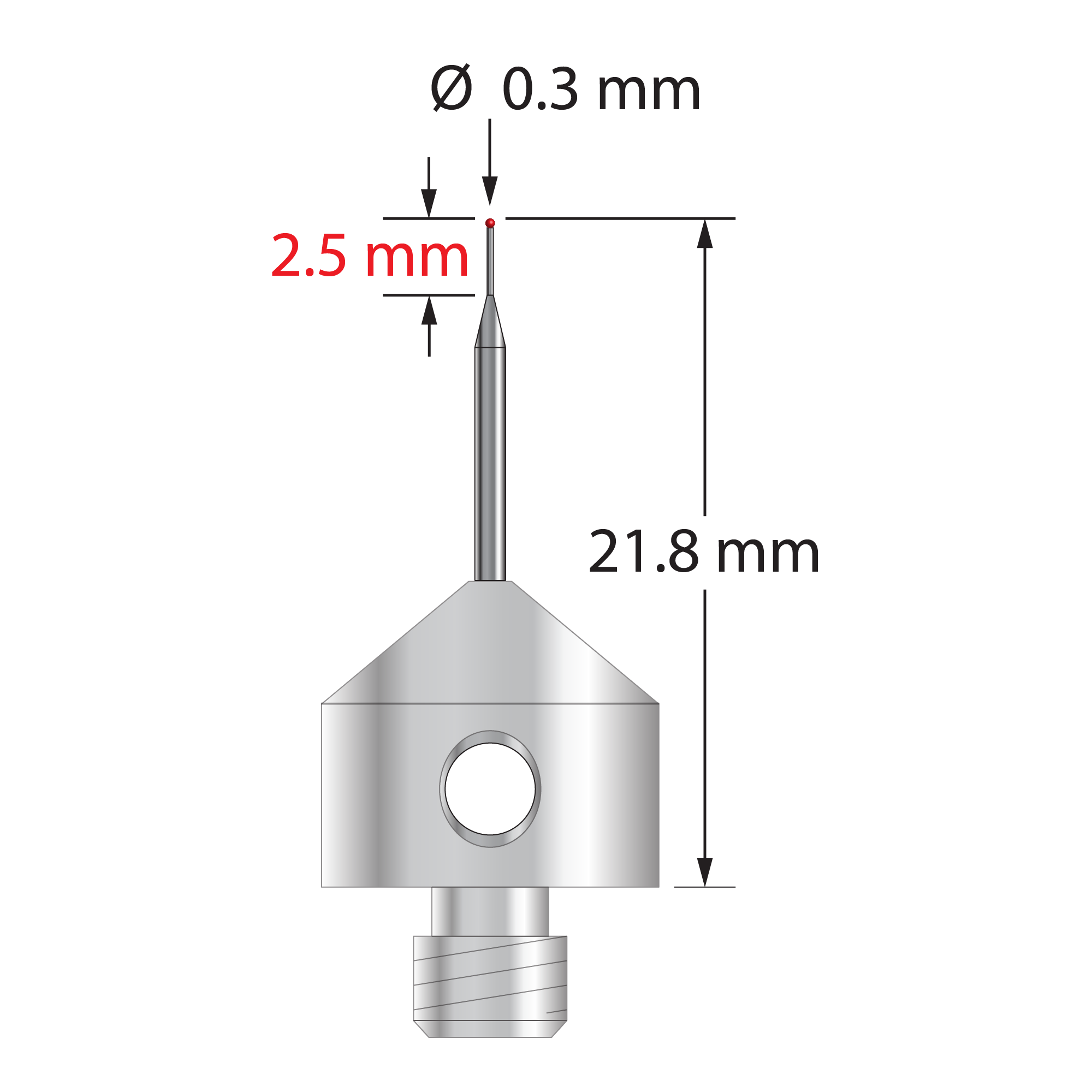 M5 stylus with 0.3 mm diameter ruby ball, tapered carbide stem, and 11.0 mm diameter x 10.0 mm long stainless steel base. Minor stem diameter is 0.2 mm; major diameter is 0.20 mm. Overall stylus length is 21.80 mm. Stylus weight is 5.50 grams. Compare to Zeiss 626115-0030-022 and Renishaw A-5555-0331.