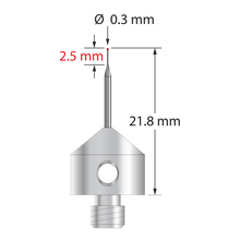 M5 stylus with 0.3 mm diameter ruby ball, tapered carbide stem, and 11.0 mm diameter x 10.0 mm long stainless steel base. Minor stem diameter is 0.2 mm; major diameter is 0.20 mm. Overall stylus length is 21.80 mm. Stylus weight is 5.50 grams. Compare to Zeiss 626115-0030-022 and Renishaw A-5555-0331.