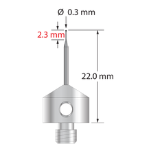 M5 stylus with 0.3 mm silicon nitride ball, tapered carbide stem, and 11.0 mm diameter x 9.0 mm long stainless steel base. Minor stem diameter is 0.2 mm; major diameter is 1.0 mm. Overall stylus length is 22.0 mm. Stylus weight is 5.60 grams. Compare to Zeiss 626115-0032-022.
