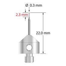 M5 stylus with 0.3 mm ruby ball, tapered carbide stem, and 11.0 mm diameter x 10.0 mm long stainless steel base. Minor stem diameter is 0.2 mm; major diameter is 1.0 mm. Overall stylus length is 22.0 mm. Stylus weight is 5.67 grams. Compare to Zeiss 626105-5244-022.