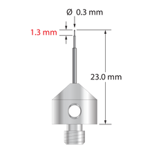 M5 stylus with 0.3 mm carbide ball, stepped carbide stem, and 11.0 mm diameter x 10.0 mm long stainless steel base. Minor stem diameter is 0.2 mm; major diameter is 1.0 mm. Overall stylus length is 23.0 mm. Stylus weight is 5.68 grams.