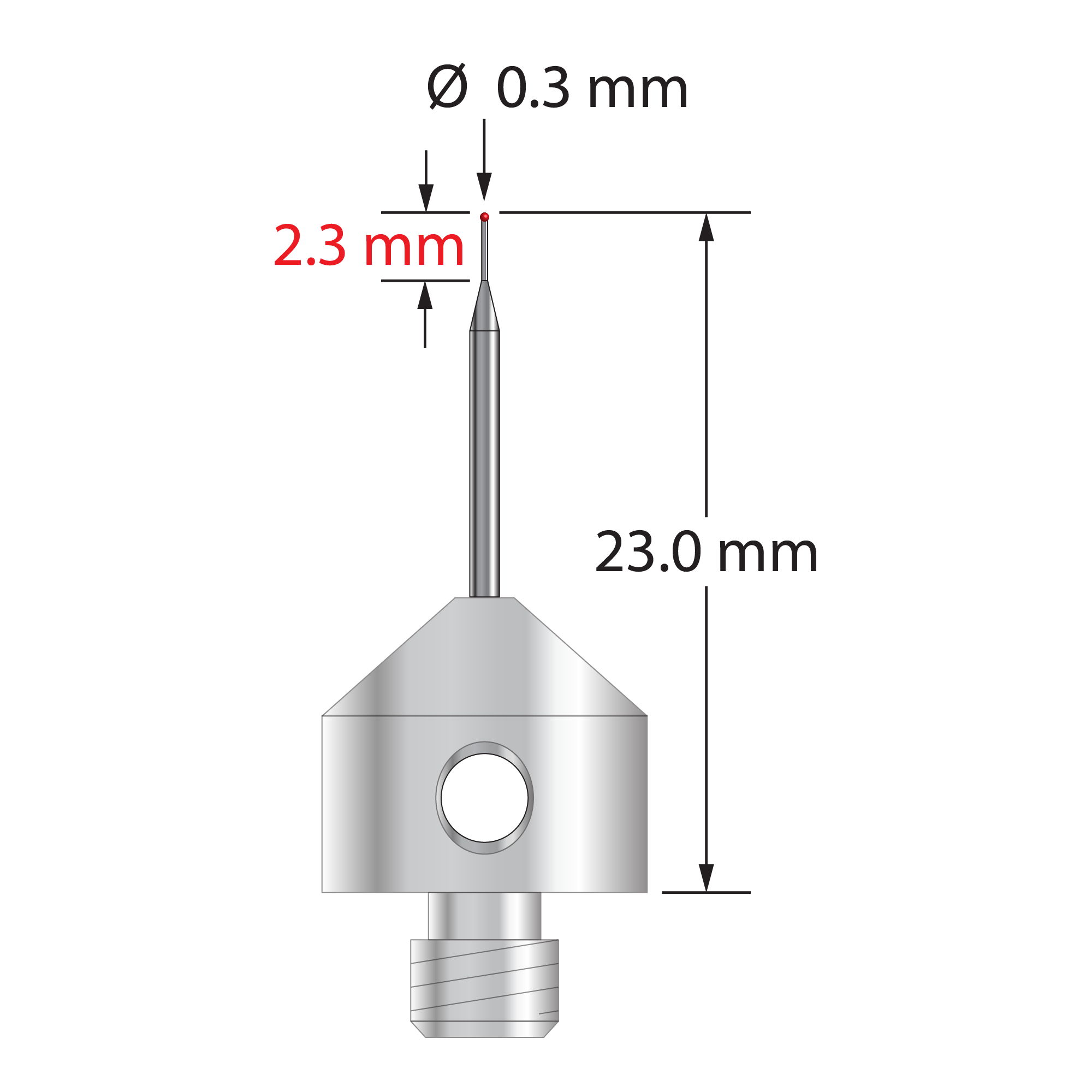 M5 stylus with 0.3 mm ruby ball, tapered carbide stem, and 11.0 mm diameter x 10.0 mm long stainless steel base. Minor stem diameter is 0.2 mm; major diameter is 1.0 mm. Overall stylus length is 23.0 mm. Stylus weight is 5.68 grams.