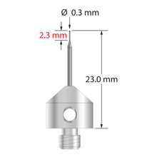 M5 stylus with 0.3 mm ruby ball, tapered carbide stem, and 11.0 mm diameter x 10.0 mm long stainless steel base. Minor stem diameter is 0.2 mm; major diameter is 1.0 mm. Overall stylus length is 23.0 mm. Stylus weight is 5.68 grams.