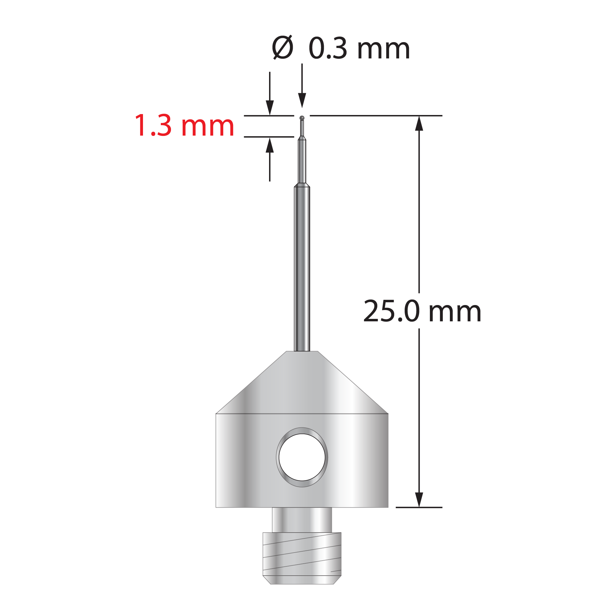 M5 stylus with 0.3 mm diameter carbide ball, stepped carbide stem, and 11.0 mm diameter x 10.0 long stainless steel base. Minor stem diameter is 0.2 mm, intermediate diameter is 0.5 mm, and major diameter is 1.0 mm. Overall stylus length is 25.0 mm. Stylus weight is 5.65 grams.