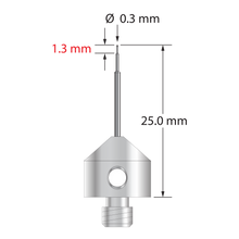 M5 stylus with 0.3 mm diameter carbide ball, stepped carbide stem, and 11.0 mm diameter x 10.0 long stainless steel base. Minor stem diameter is 0.2 mm, intermediate diameter is 0.5 mm, and major diameter is 1.0 mm. Overall stylus length is 25.0 mm. Stylus weight is 5.65 grams.