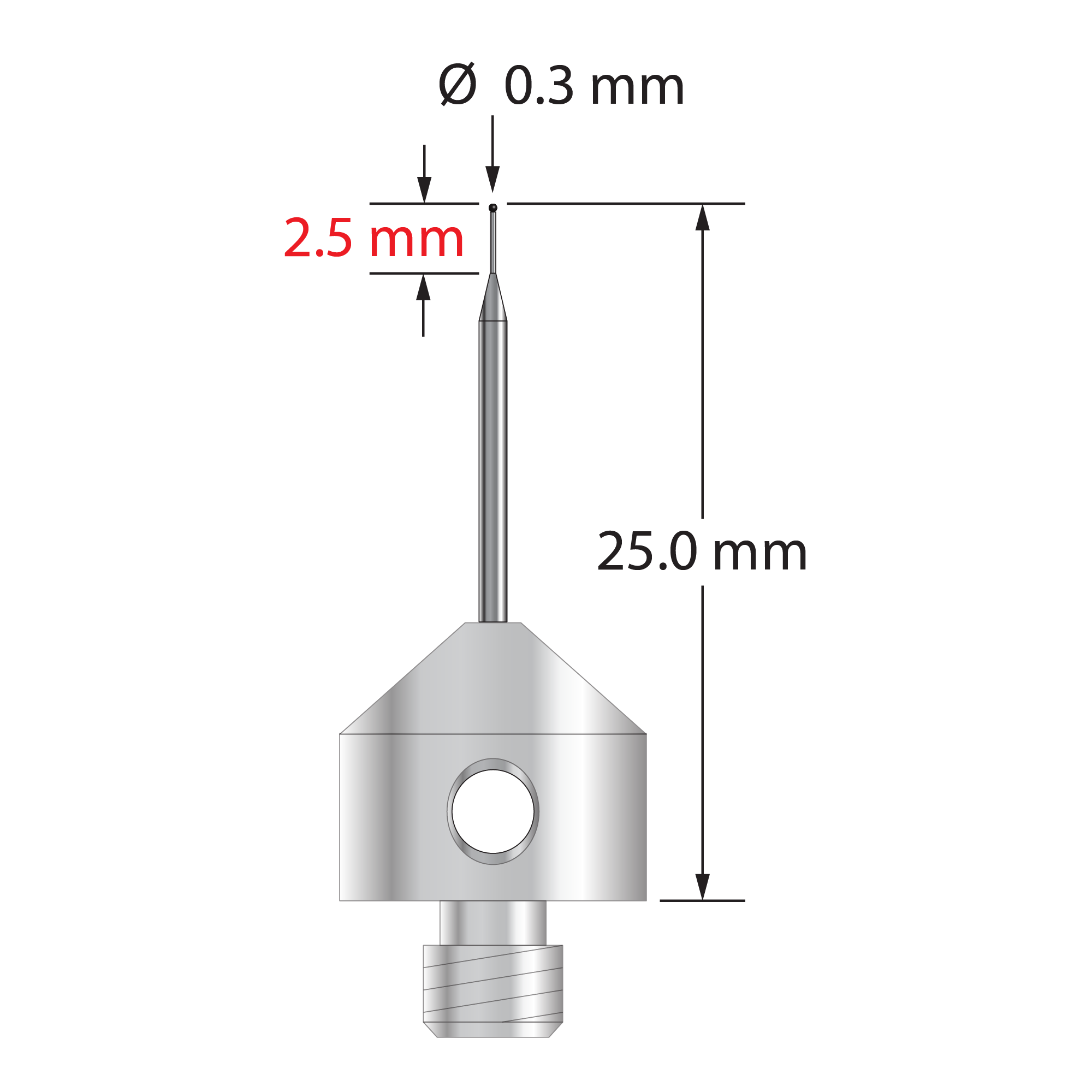 AFG-0325-SN M5 stylus with 0.3mm silicon nitride ball and stainless steel base, 25mm long.