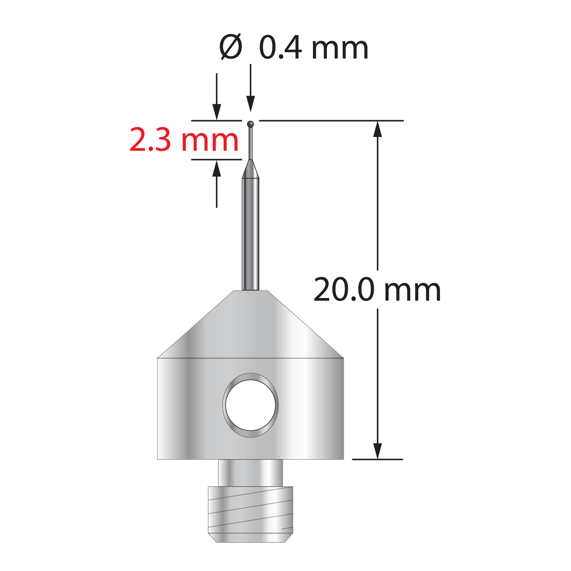 M5 stylus with 0.4 mm diameter silicon nitride ball, tapered carbide stem, and 11.0 mm diameter x 10.0 long stainless steel base. Minor stem diameter is 0.2 mm and major diameter is 1.0 mm. Overall stylus length is 20.0 mm. Stylus weight is 5.60 grams.