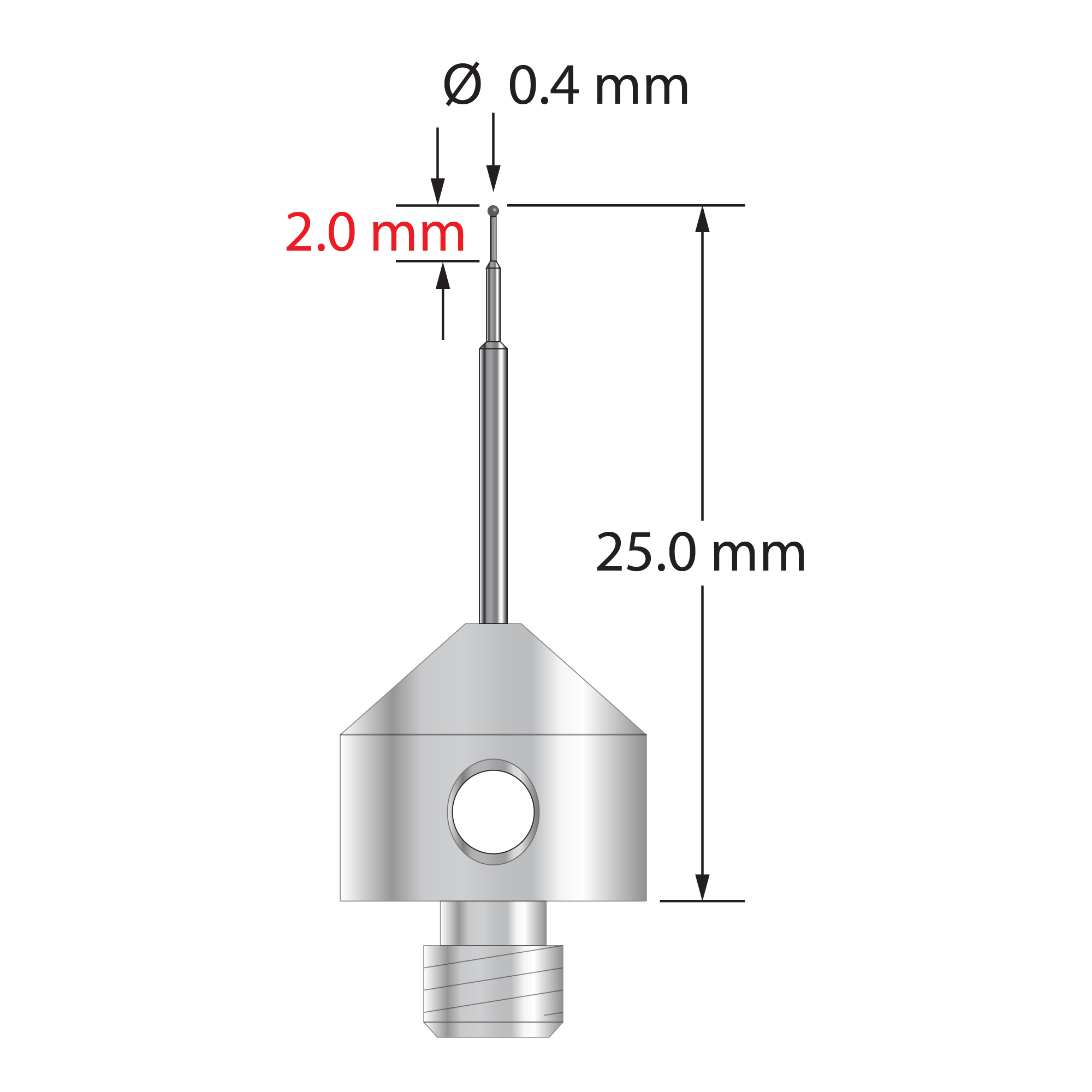 M5 stylus with 0.4 mm diameter carbide ball, stepped carbide stem, and 11.0 mm diameter x 10.0 long stainless steel base. Minor stem diameter is 0.2 mm, intermediate diameter is 0.5 mm, and major diameter is 1.0 mm. Overall stylus length is 25.0 mm. Stylus weight is 5.65 grams.