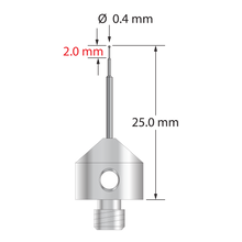 M5 stylus with 0.4 mm diameter carbide ball, stepped carbide stem, and 11.0 mm diameter x 10.0 long stainless steel base. Minor stem diameter is 0.2 mm, intermediate diameter is 0.5 mm, and major diameter is 1.0 mm. Overall stylus length is 25.0 mm. Stylus weight is 5.65 grams.