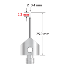 M5 stylus with 0.4 mm diameter silicon nitride ball, tapered carbide stem, and 11.0 mm diameter x 10.0 long stainless steel base. Minor stem diameter is 0.2 mm and major diameter is 1.0 mm. Overall stylus length is 25.0 mm. Stylus weight is 5.70 grams.