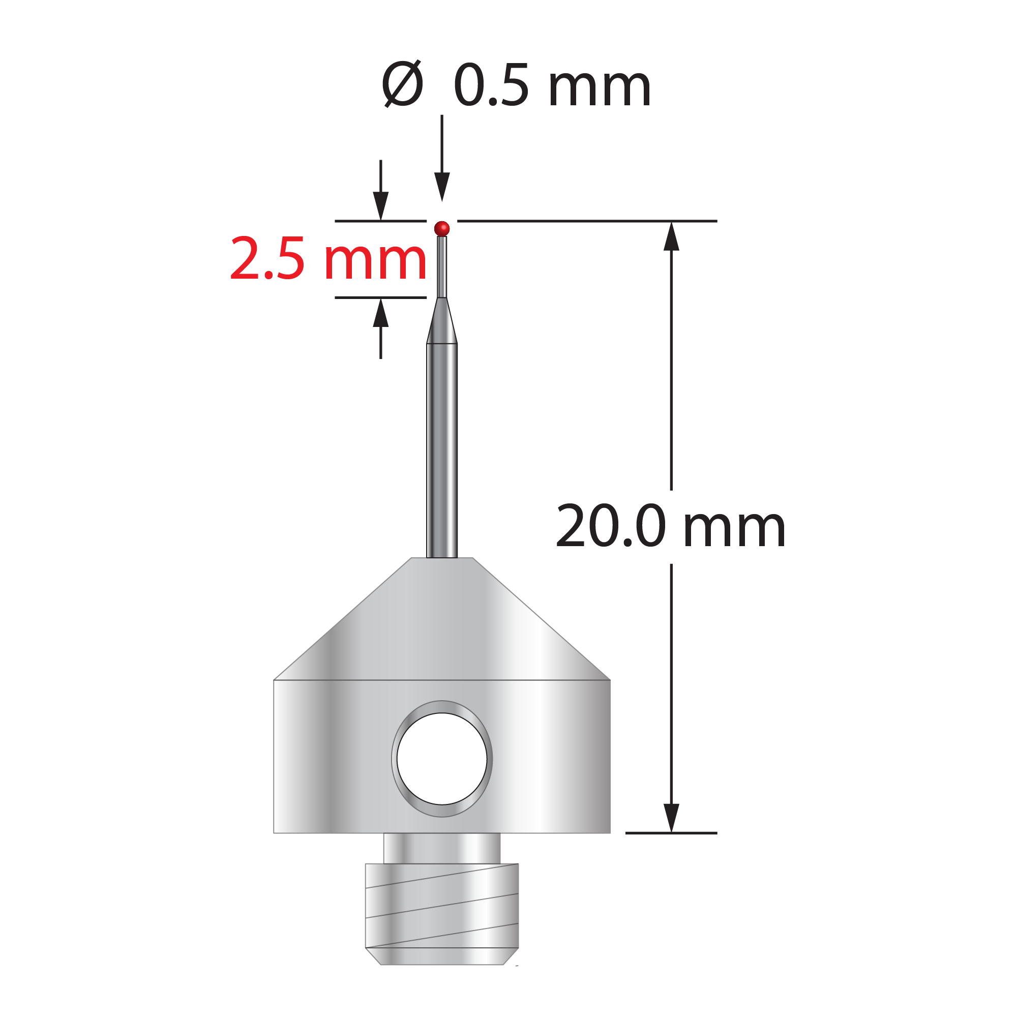M5 stylus with 0.5 mm diameter ruby ball, tapered carbide stem, and 11.0 mm diameter x 10.0 mm long stainless steel base. Minor stem diameter is 0.3 mm; major diameter is 1.0 mm. Overall stylus length is 20.0 mm. Stylus weight is 5.66 grams. Compare to Renishaw A-5003-5202 and Zeiss 626105-5444-020.
