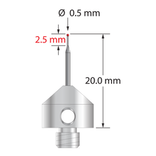 M5 stylus with 0.5 mm diameter ruby ball, tapered carbide stem, and 11.0 mm diameter x 10.0 mm long stainless steel base. Minor stem diameter is 0.3 mm; major diameter is 1.0 mm. Overall stylus length is 20.0 mm. Stylus weight is 5.66 grams. Compare to Renishaw A-5003-5202 and Zeiss 626105-5444-020.