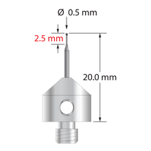 M5 stylus with 0.5 mm diameter silicon nitride ball, tapered carbide stem, and 11.0 mm diameter x 10.0 mm long stainless steel base. Minor stem diameter is 0.3 mm; major diameter is 1.0 mm. Overall stylus length is 20.0 mm. Stylus weight is 5.66 grams. Compare to Zeiss 626105-5445-020.