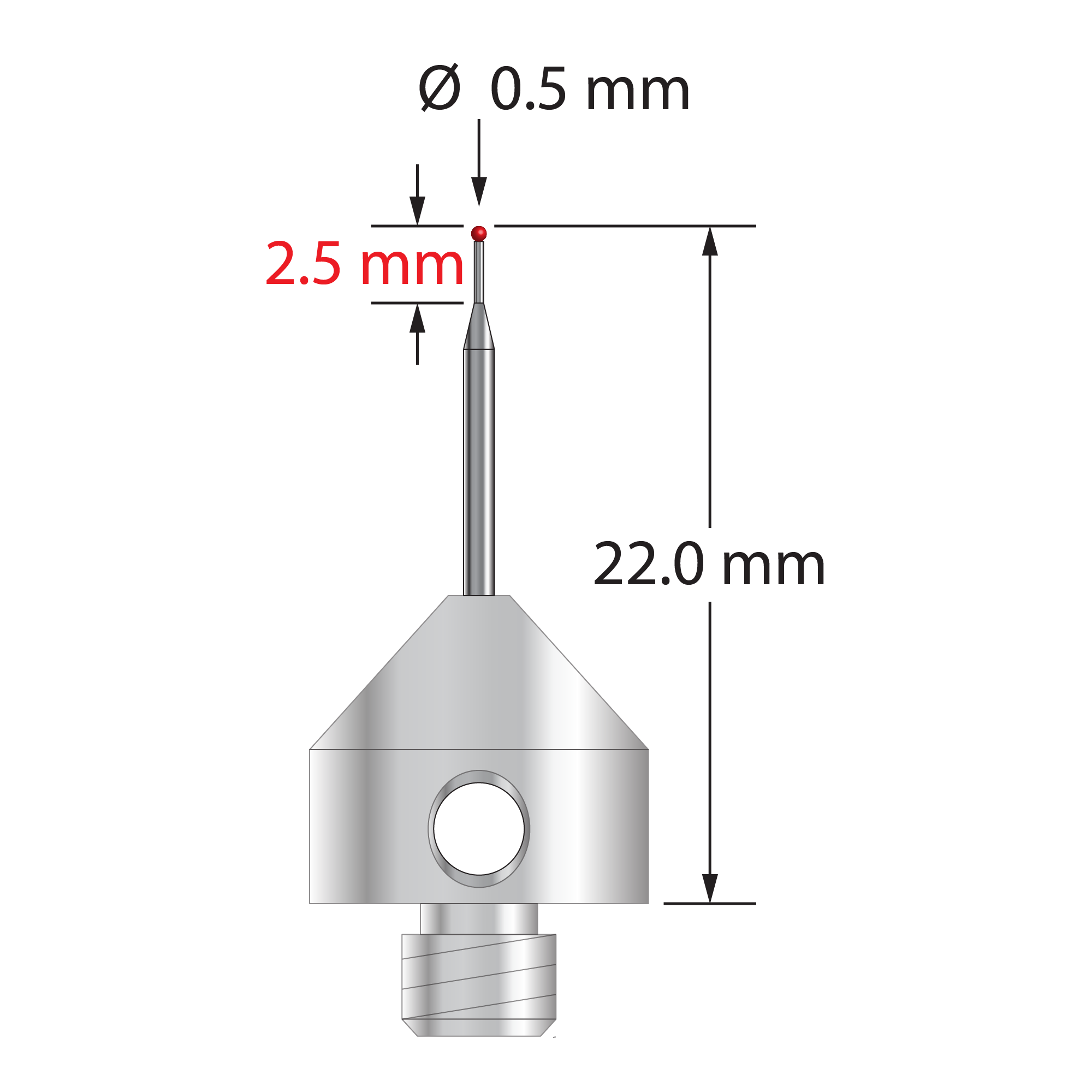 AFG-0522-12-R M5 stylus with 0.5mm ruby ball, tapered carbide stem, and stainless steel base, 22mm long by Q-Mark Manufacturing, Inc.