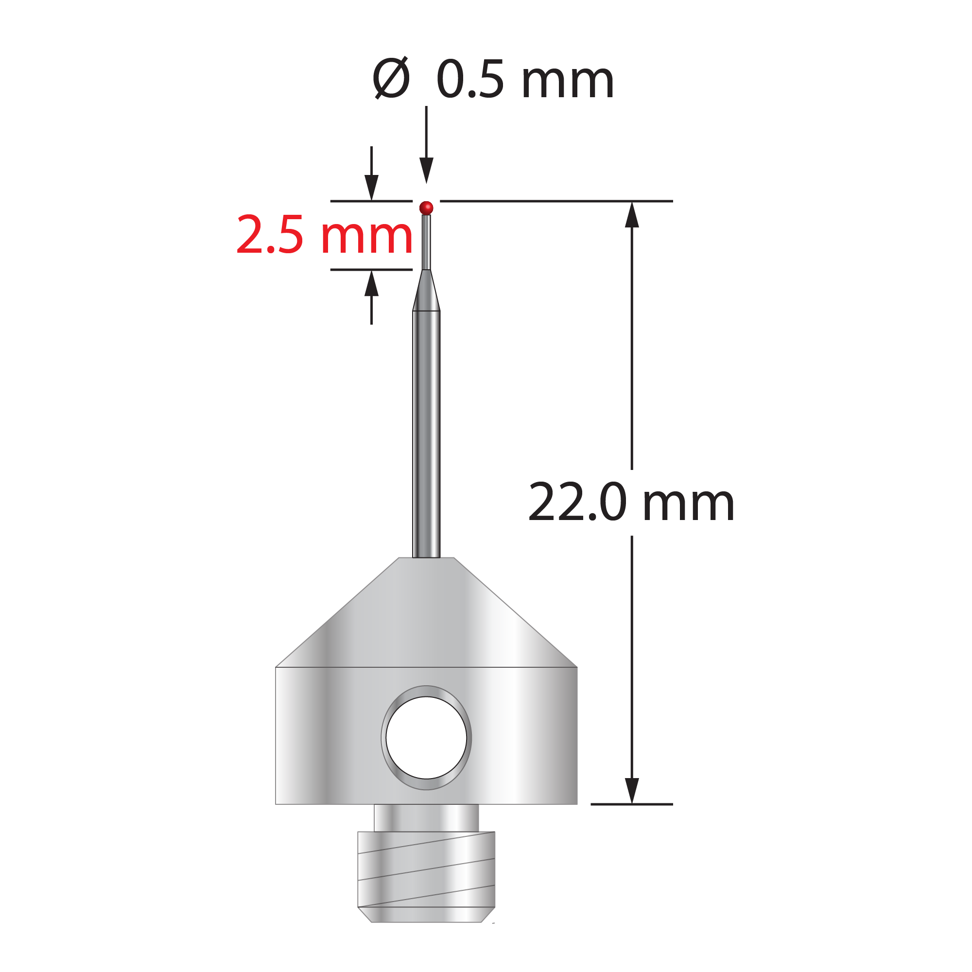 M5 stylus with 0.5 mm diameter ruby ball, tapered carbide stem, and 11.0 mm diameter x 9.0 mm long stainless steel base. Minor stem diameter is 0.3 mm; major diameter is 1.0 mm. Overall stylus length is 22.0 mm. Stylus weight is 5.70 grams. Compare to Zeiss 626115-0050-022.