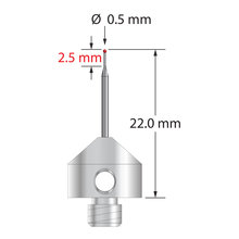 M5 stylus with 0.5 mm diameter ruby ball, tapered carbide stem, and 11.0 mm diameter x 9.0 mm long stainless steel base. Minor stem diameter is 0.3 mm; major diameter is 1.0 mm. Overall stylus length is 22.0 mm. Stylus weight is 5.70 grams. Compare to Zeiss 626115-0050-022.