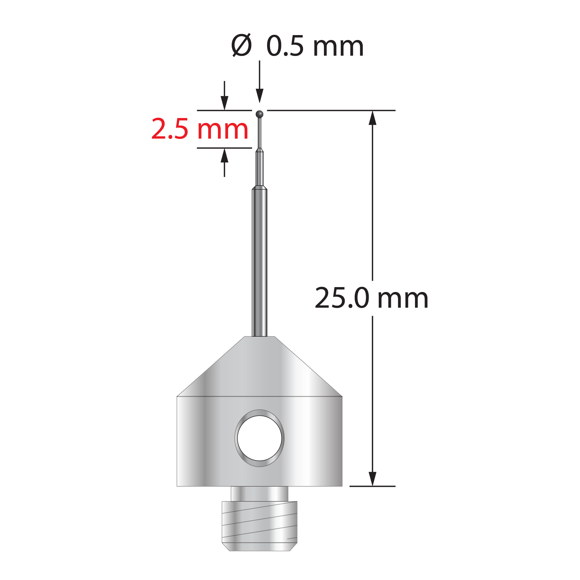 M5 stylus with 0.5 mm diameter carbide ball, stepped carbide stem, and 11.0 mm diameter x 10.0 long stainless steel base. Minor stem diameter is 0.3 mm, intermediate diameter is 0.5 mm, and major diameter is 1.0 mm. Overall stylus length is 25.0 mm. Stylus weight is 5.66 grams.