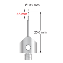 M5 stylus with 0.5 mm diameter carbide ball, stepped carbide stem, and 11.0 mm diameter x 10.0 long stainless steel base. Minor stem diameter is 0.3 mm, intermediate diameter is 0.5 mm, and major diameter is 1.0 mm. Overall stylus length is 25.0 mm. Stylus weight is 5.66 grams.