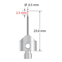 M5 stylus with 0.5 mm diameter ruby ball, tapered carbide stem, and 11.0 mm diameter x 10.0 long stainless steel base. Minor stem diameter is 0.3 mm; major diameter is 1.0 mm. Overall stylus length is 25.0 mm. Stylus weight is 5.72 grams.
