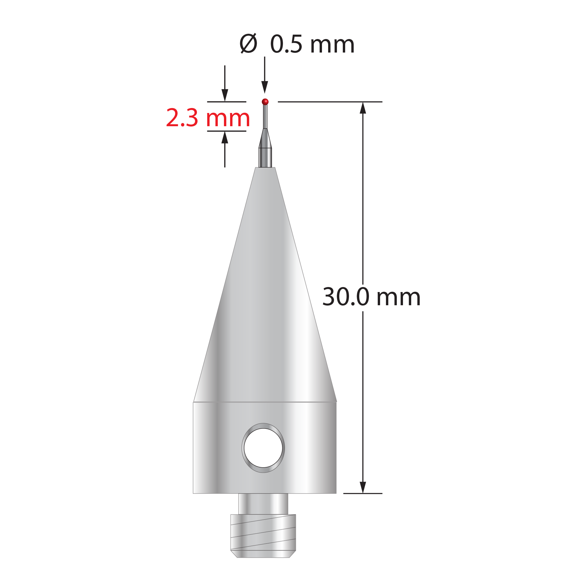M5 stylus with 0.5 mm diameter ruby ball, tapered carbide stem, and 11.0 mm diameter x 26.0 mm long tapered stainless steel base. Minor stem diameter is 0.3 mm, major stem diameter is 1.0 mm. Stylus length to ball center is 30.0 mm. Stylus weight is 9.95 grams. Compare to Renishaw A-5003-5212.