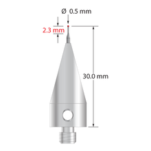 M5 stylus with 0.5 mm diameter ruby ball, tapered carbide stem, and 11.0 mm diameter x 26.0 mm long tapered stainless steel base. Minor stem diameter is 0.3 mm, major stem diameter is 1.0 mm. Stylus length to ball center is 30.0 mm. Stylus weight is 9.95 grams. Compare to Renishaw A-5003-5212.