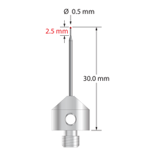 M5 stylus with 0.5 mm diameter ruby ball, tapered carbide stem, and 11.0 mm diameter x 10.0 long stainless steel base. Minor stem diameter is 0.3 mm; major diameter is 1.0 mm. Overall stylus length is 30.0 mm. Stylus weight is 5.78 grams.