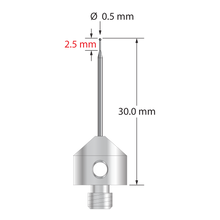 M5 stylus with 0.5 mm diameter silicon nitride ball, tapered carbide stem, and 11.0 mm diameter x 10.0 long stainless steel base. Minor stem diameter is 0.3 mm; major diameter is 1.0 mm. Overall stylus length is 30.0 mm. Stylus weight is 5.78 grams.