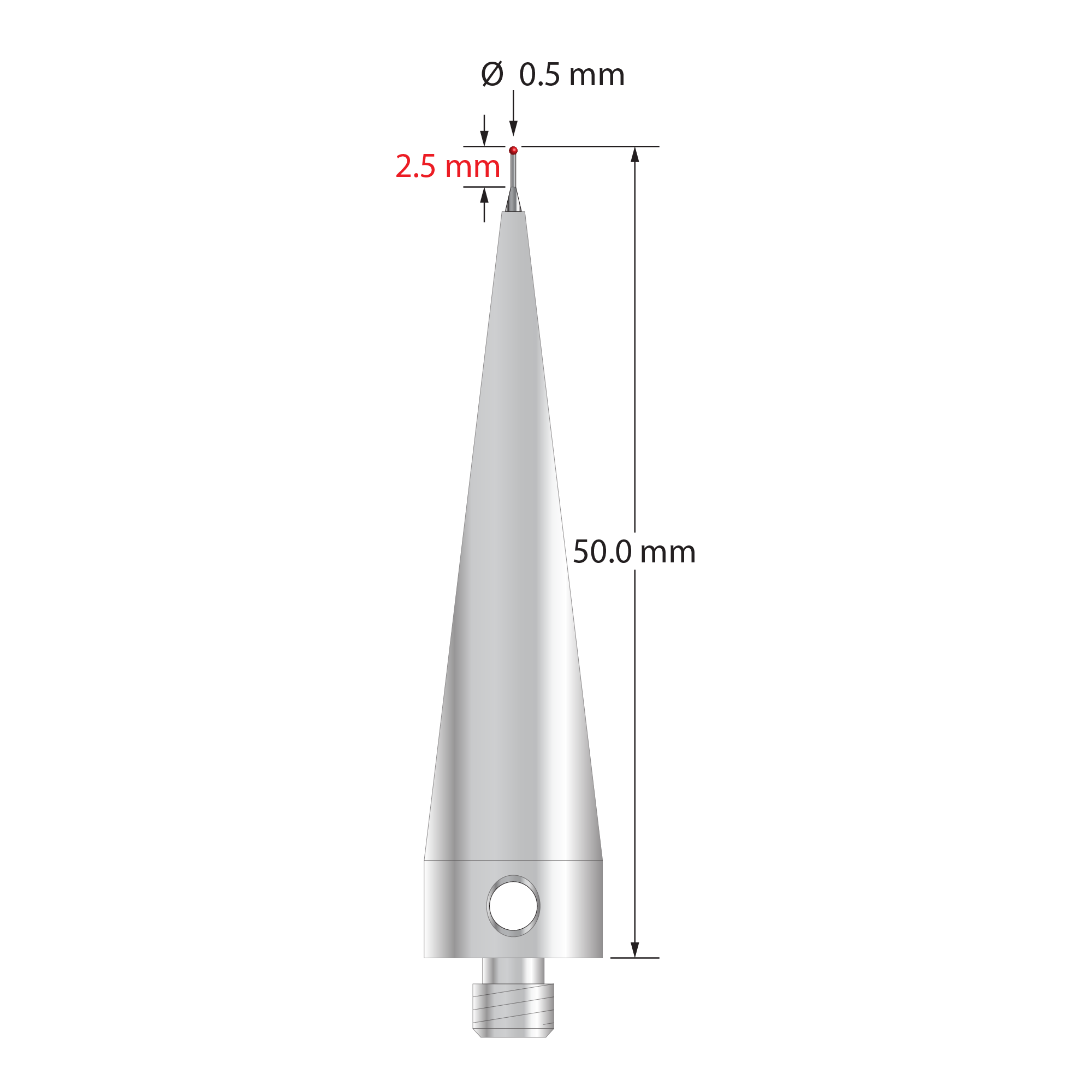 AFG-0550-04 M5 stylus with 0.5mm ruby ball, carbide stem, and tapered stainless steel base by Q-Mark Manufacturing, Inc.