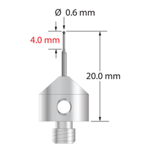 M5 stylus with 0.6 mm diameter carbide ball, tapered carbide stem, and 11.0 mm diameter x 10.0 mm long stainless steel base. Minor stem diameter is 0.43 mm; major diameter is 1.0 mm. Overall stylus length is 20.0 mm. Stylus weight is 5.62 grams.