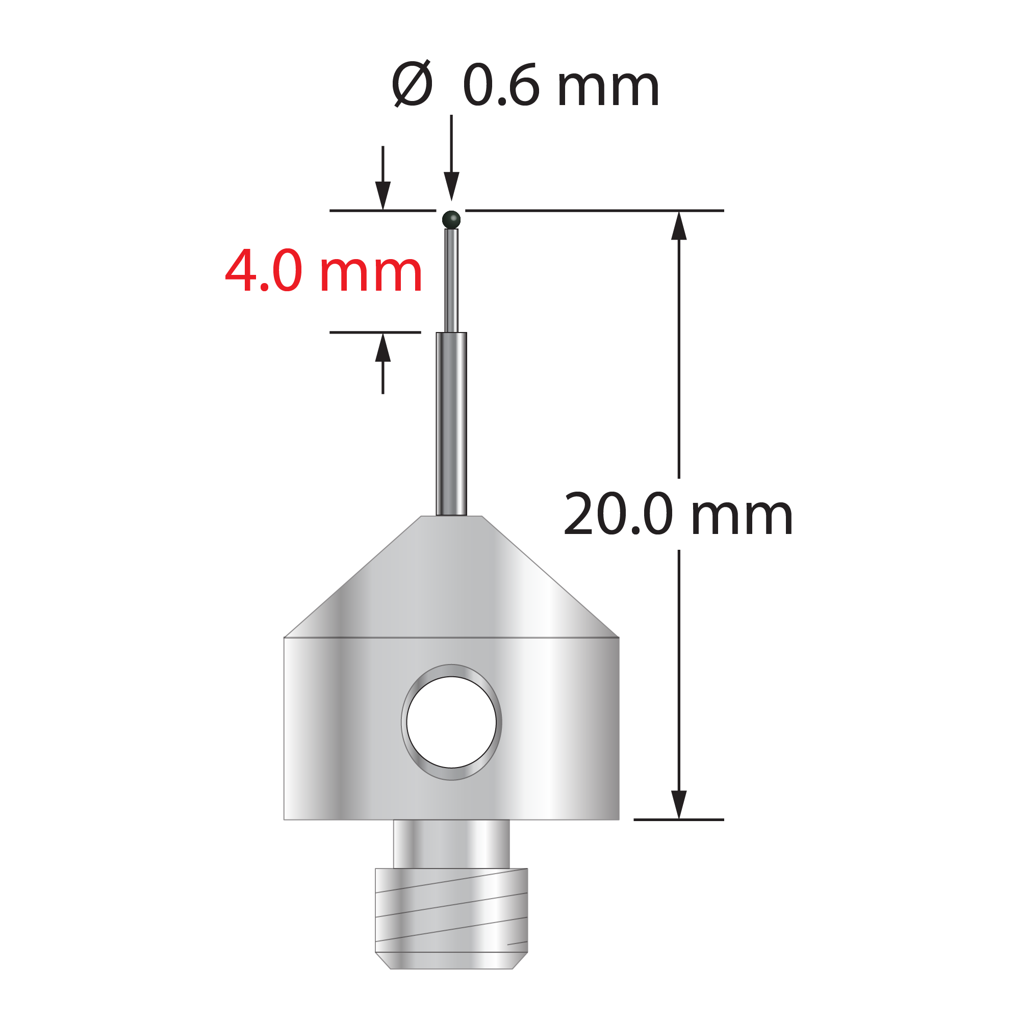 M5 stylus with 0.6 mm diameter silicon nitride ball, stepped carbide stem, and 11.0 mm diameter x 10.0 mm long stainless steel base. Minor stem diameter is 0.43 mm; major diameter is 1.0 mm. Overall stylus length is 20.0 mm. Stylus weight is 5.62 grams.