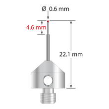M5 stylus with 0.6 mm diameter ruby ball, stepped carbide stem, and 11.0 mm diameter x 9.0 mm long stainless steel base. Minor stem diameter is 0.4 mm; major diameter is 1.0 mm. Overall stylus length is 22.1 mm. Stylus weight is 5.65 grams. Compare to Zeiss 626115-0060-022.