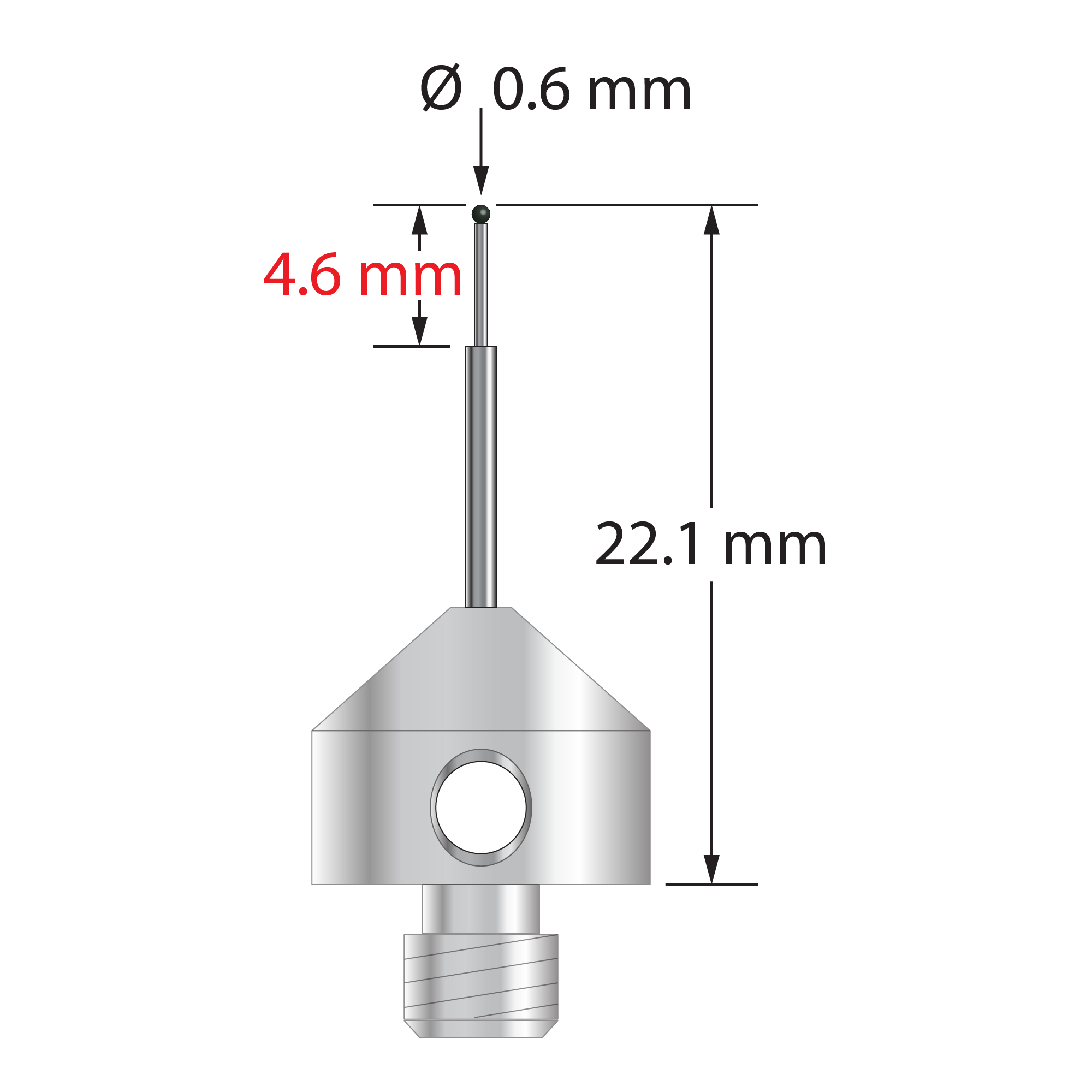 M5 stylus with 0.6 mm diameter silicon nitride ball, stepped carbide stem, and 11.0 mm diameter x 9.0 mm long stainless steel base. Minor stem diameter is 0.4 mm; major diameter is 1.0 mm. Overall stylus length is 22.1 mm. Stylus weight is 5.65 grams.