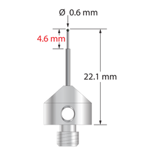 M5 stylus with 0.6 mm diameter silicon nitride ball, stepped carbide stem, and 11.0 mm diameter x 9.0 mm long stainless steel base. Minor stem diameter is 0.4 mm; major diameter is 1.0 mm. Overall stylus length is 22.1 mm. Stylus weight is 5.65 grams.